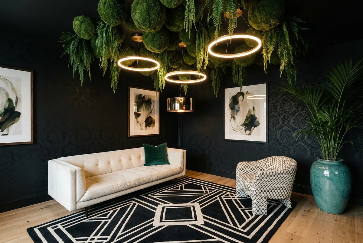 A lounge with matte black damask walls and a black ceiling hung with moss spheres, ferns and rings of warm light, an ivory tufted sofa, a black and ivory geometric rug and a palm in a teal glazed pot