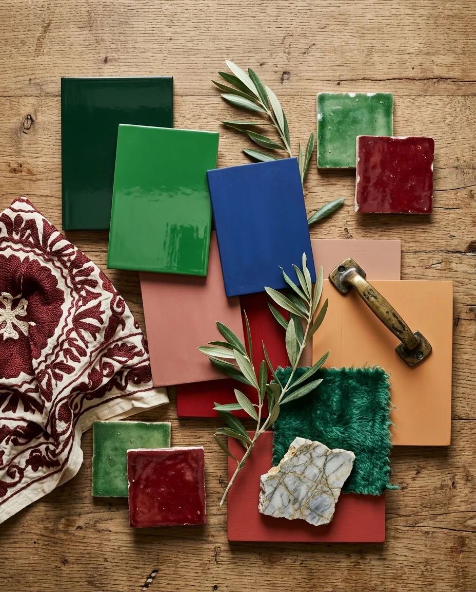 A top-down mood board of painted sample boards in forest green, kelly green, cobalt, rose clay, cardinal and apricot, with suzani fabric, glazed zellige tiles, emerald mohair, a brass pull and veined stone