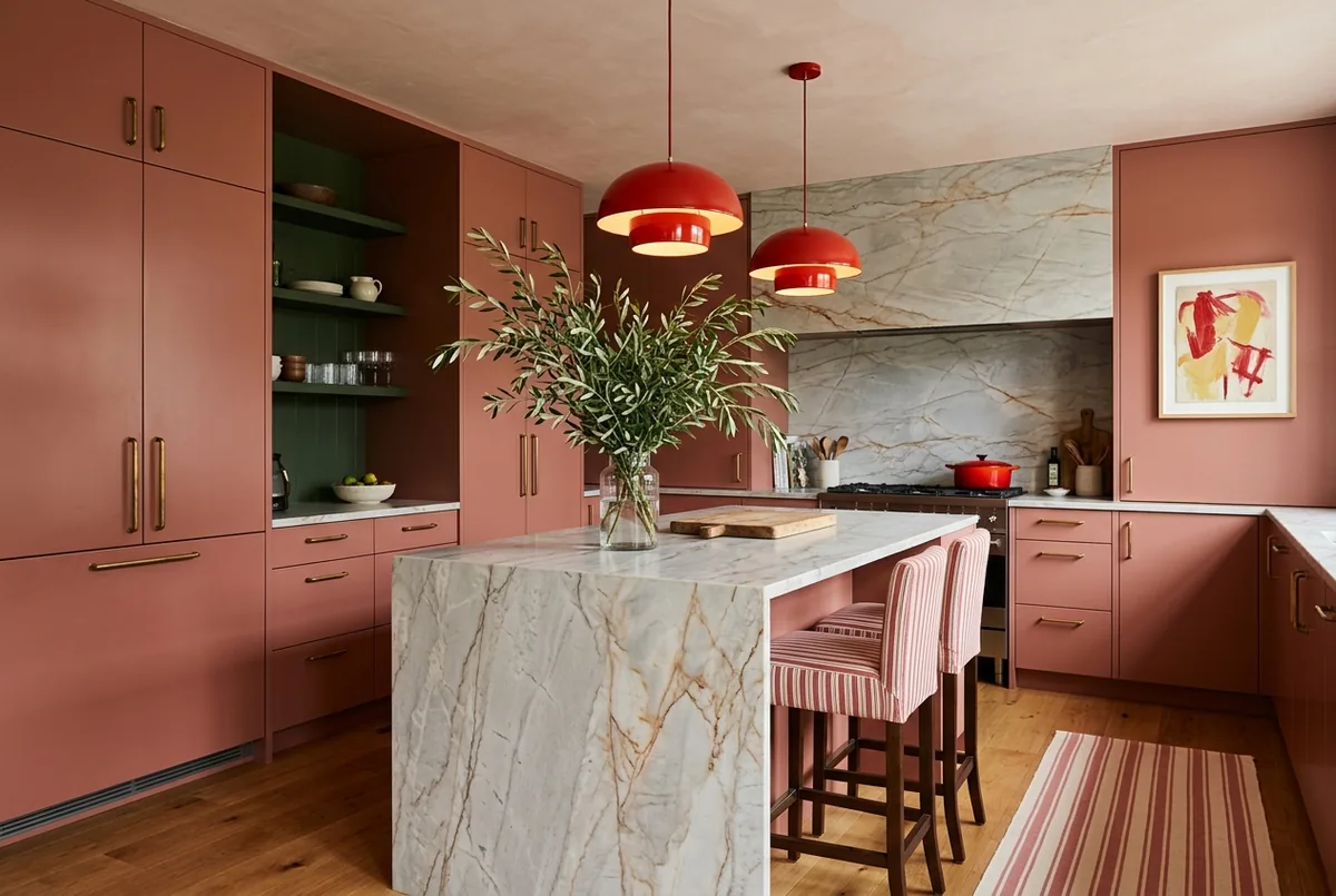 A kitchen with rose clay lacquered cabinets, a veined quartzite waterfall island, two poppy red enamel dome pendants, red and white striped stools, an olive branch in a glass vase and an abstract painting