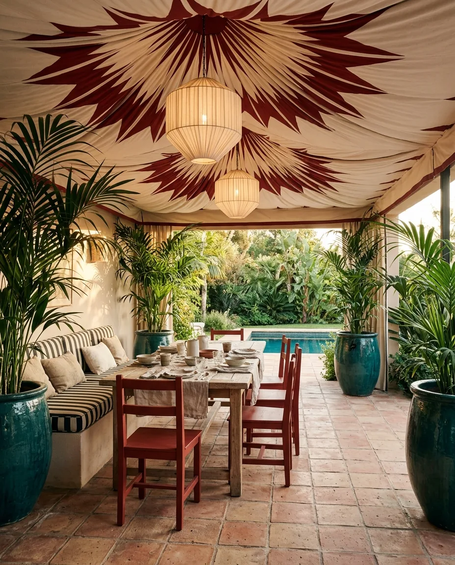 A covered outdoor dining terrace under a tented fabric ceiling printed in a cardinal red and ivory starburst, with red chairs, palms in teal glazed pots, a striped banquette, pleated lanterns and a pool beyond