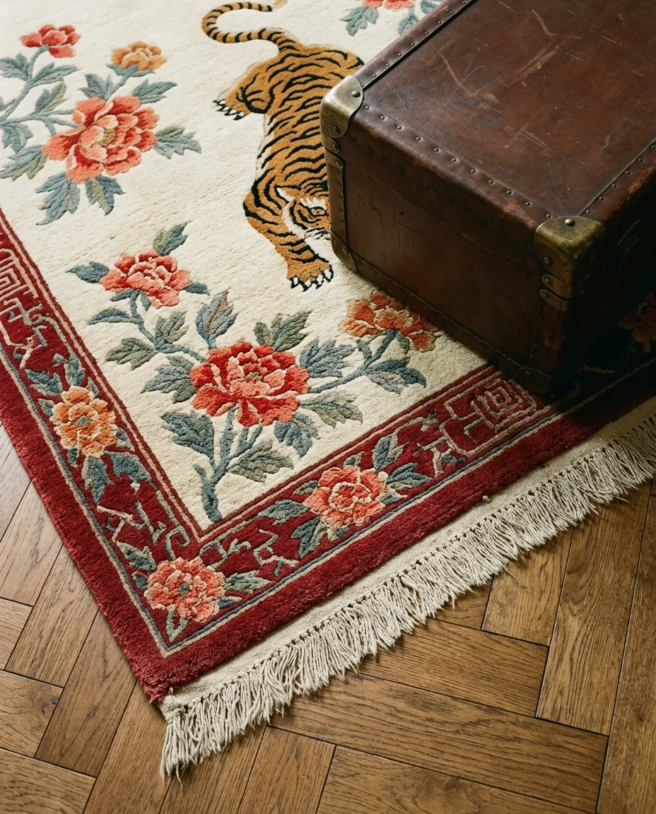 A close view from above of a wool rug in the Chinese Art Deco style with coral and red peonies, a woven tiger and a deep red border on herringbone parquet, with the corner of a plain leather steamer trunk