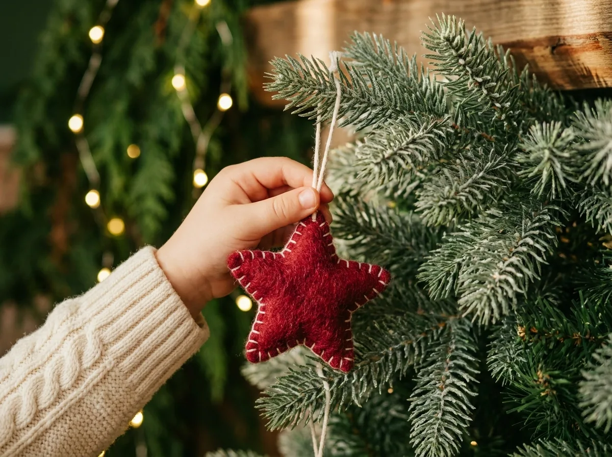 A hand in a cream knit sleeve hanging a red felt star ornament on a green branch, warm fairy lights glowing in the background
