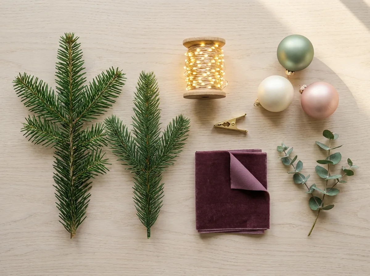 A top-down flat lay of a cut fir branch beside an artificial fir branch, a spool of warm-white LED lights, a brass tree clip, ornaments in sage, ivory and blush, a brown velvet swatch and a sprig of eucalyptus
