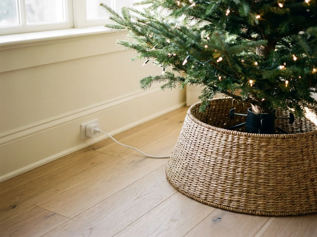 The base of a Christmas tree hidden inside a woven seagrass collar, with a neat white cord running along the baseboard to a wall outlet