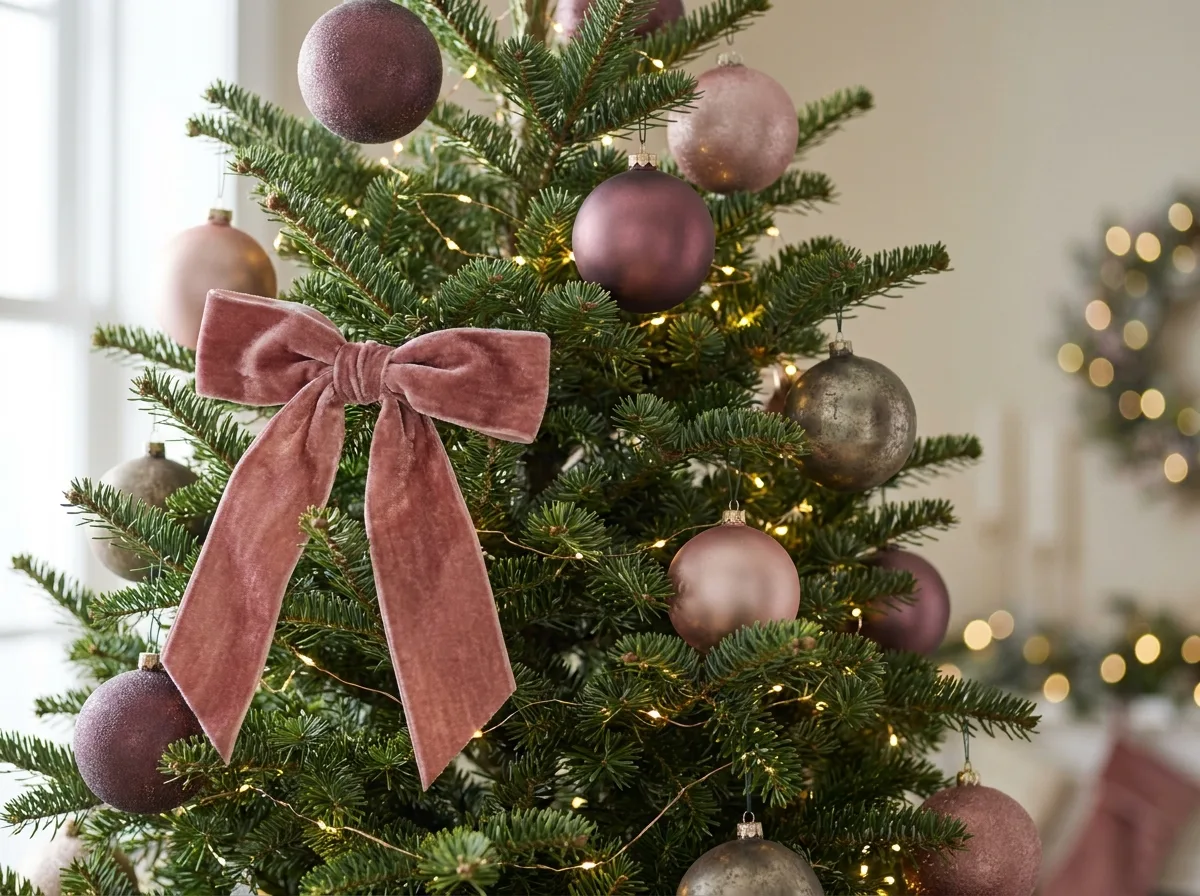 Close view of Christmas tree branches with ornaments in blush, pewter and bronze tones, a dusty rose velvet bow and tiny warm lights