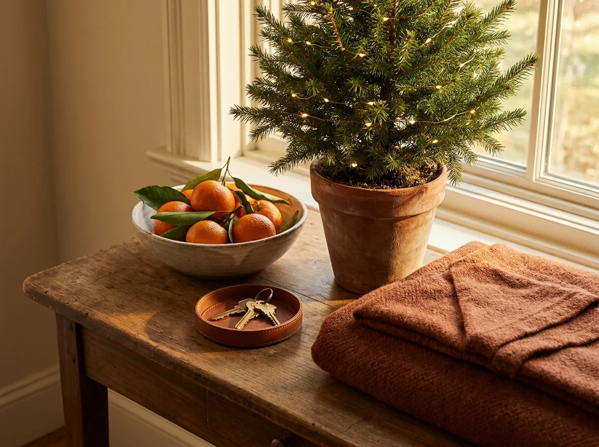 A walnut console with a small potted tabletop Christmas tree with warm lights, a bowl of clementines, a folded rust wool throw and brass house keys on a leather tray