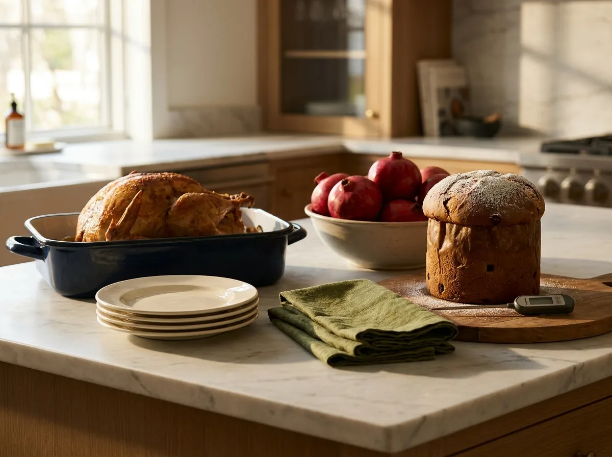 A holiday kitchen counter in white marble with a roast in a navy enamel roasting pan, cream plates, moss green linen napkins, a panettone, a meat thermometer and a bowl of pomegranates