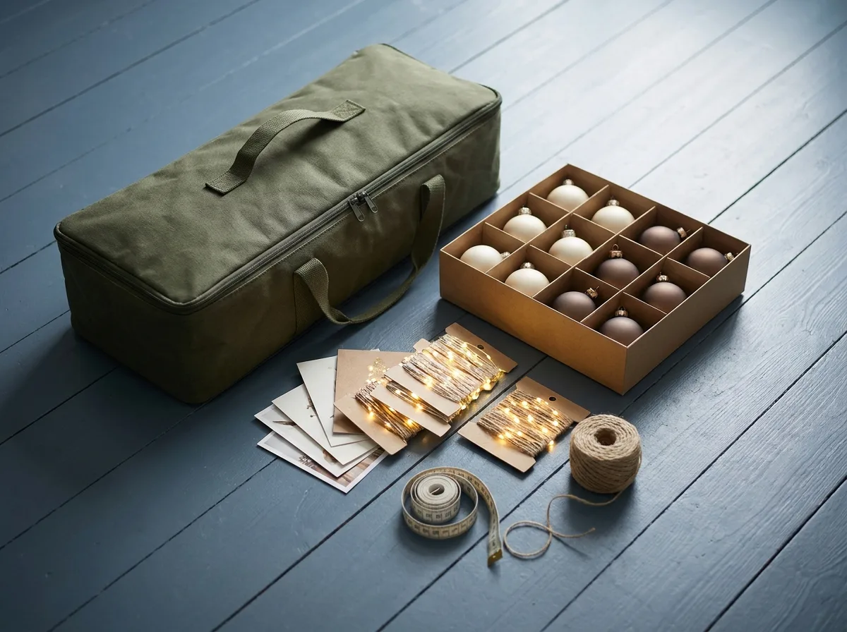 A top-down flat lay on a slate blue floor of an olive canvas tree storage bag, a kraft ornament box with dividers, strings of lights wound on cards, a tape measure and twine