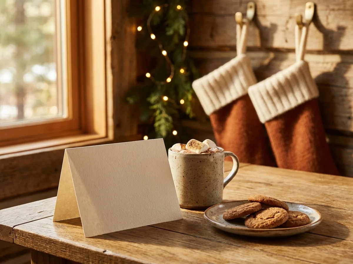 A folded blank card propped against a mug of hot cocoa with marshmallows beside cinnamon cookies, two knit stockings hanging on brass hooks and tree lights glowing behind