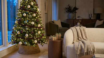 A decorated Christmas tree with warm white lights and ivory, sage and bronze ornaments in a woven collar, in the corner of a vacation-rental living room at dusk beside a cream boucle sofa with a knit throw
