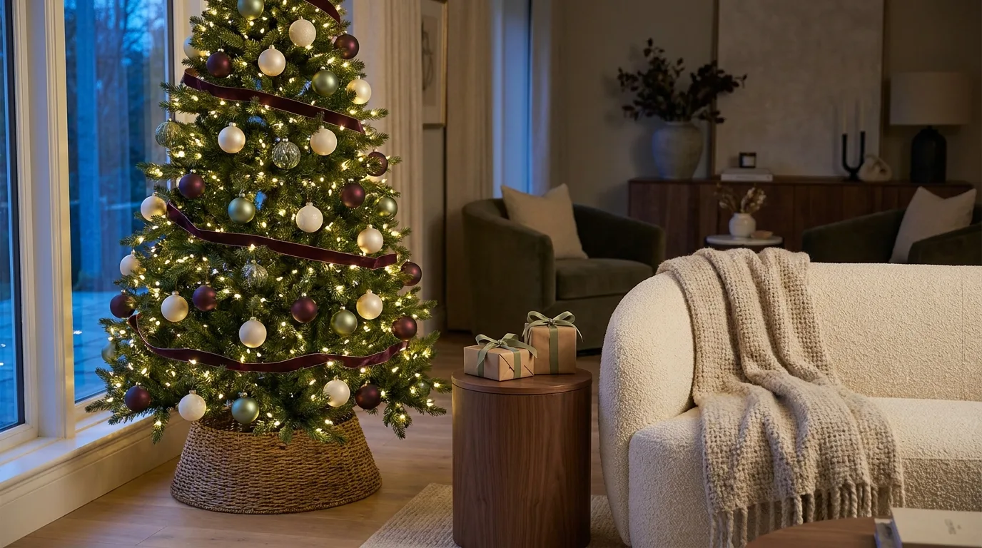 A decorated Christmas tree with warm white lights and ivory, sage and bronze ornaments in a woven collar, in the corner of a vacation-rental living room at dusk beside a cream boucle sofa with a knit throw