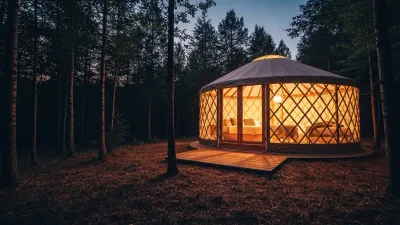 Luxury yurt glamping property with mountain backdrop and fire pit