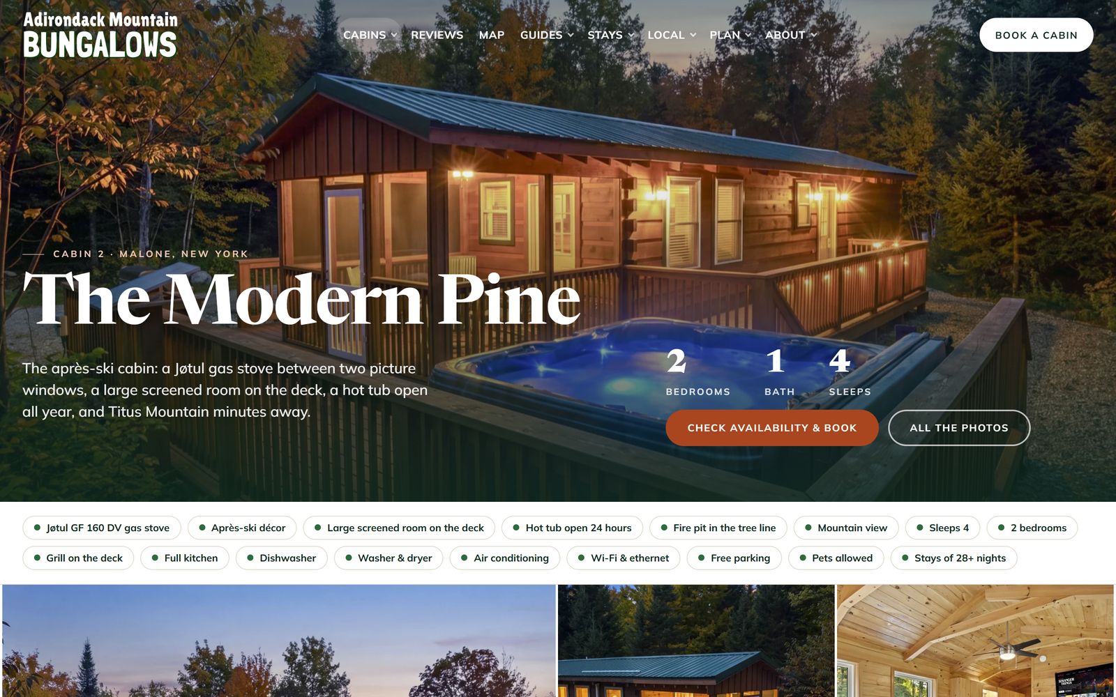 The Modern Pine cabin page: the cabin and its hot tub at dusk, bedrooms, bath and sleeps, and its features