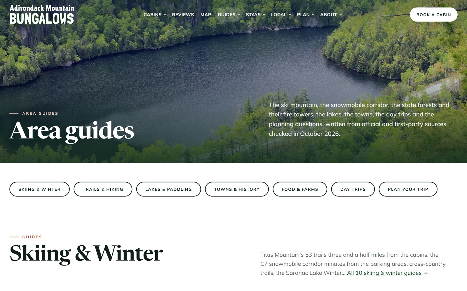 The area guides hub: skiing and winter, trails and hiking, lakes and paddling, towns and history, food and farms, day trips and trip planning