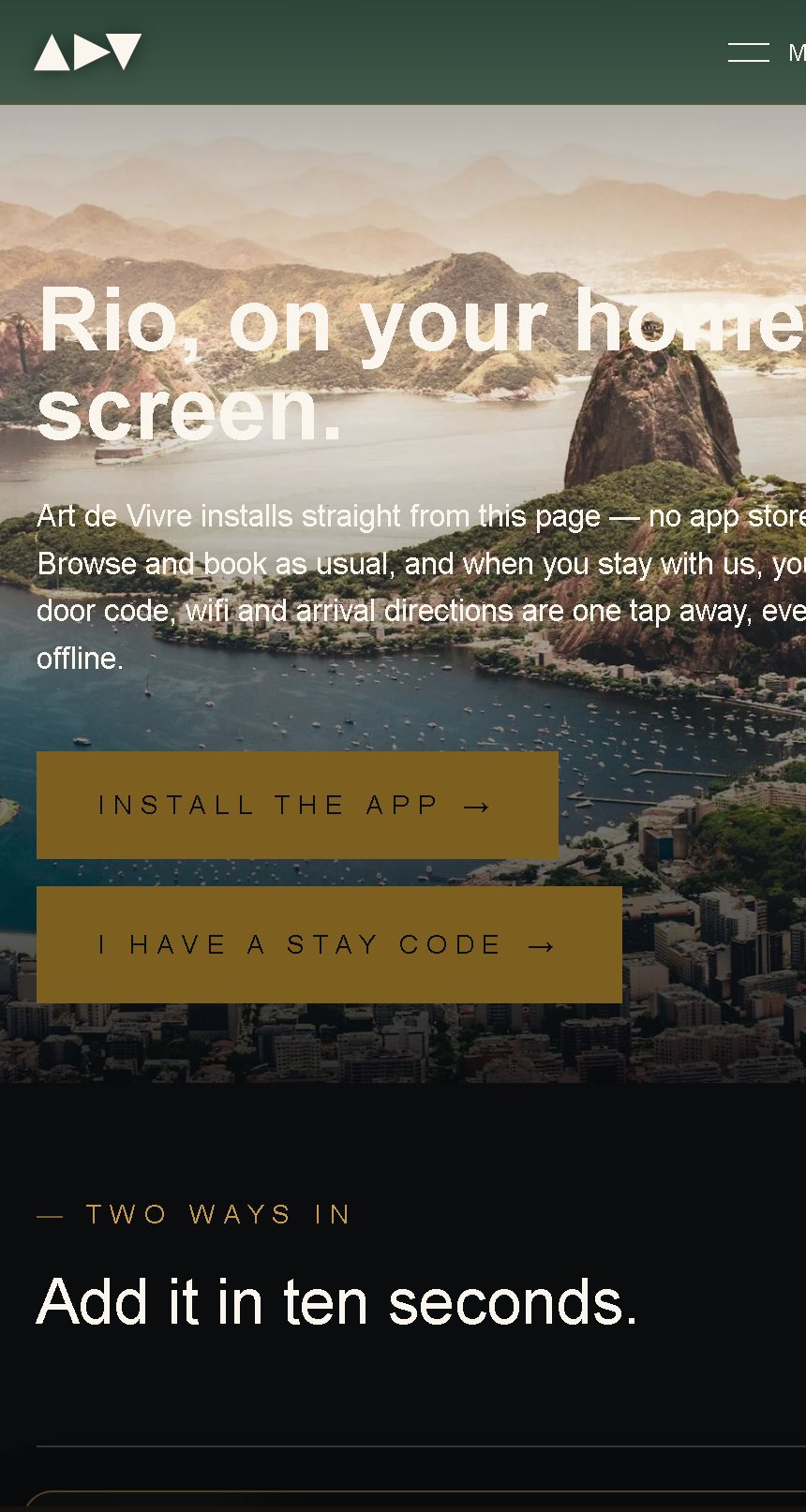 The Art de Vivre app install screen on a phone: the headline &lsquo;Rio, on your home screen&rsquo; over Sugarloaf and Guanabara Bay, with &lsquo;Install the app&rsquo; and &lsquo;I have a stay code&rsquo; buttons.