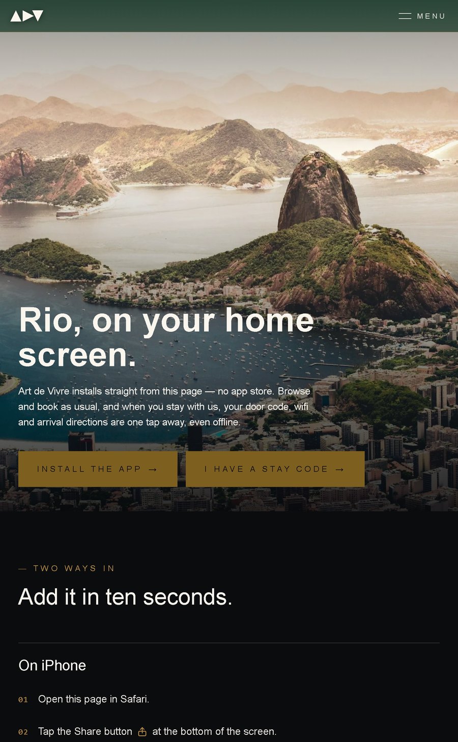 Art de Vivre installable guest app — install screen and in-stay guide with door code and wifi