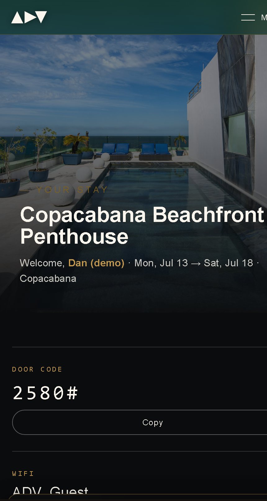 The Art de Vivre in-stay guide on a phone: &lsquo;Copacabana Beachfront Penthouse&rsquo; with a welcome message, the guest&rsquo;s dates, a door code of 2580 with a copy button, and the wifi network name.