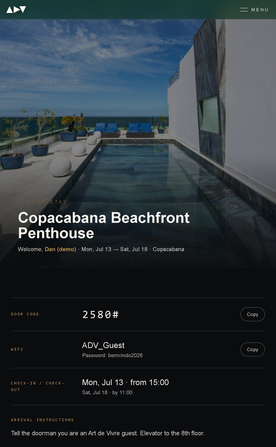 Art de Vivre installable guest app — install screen and in-stay guide with door code and wifi