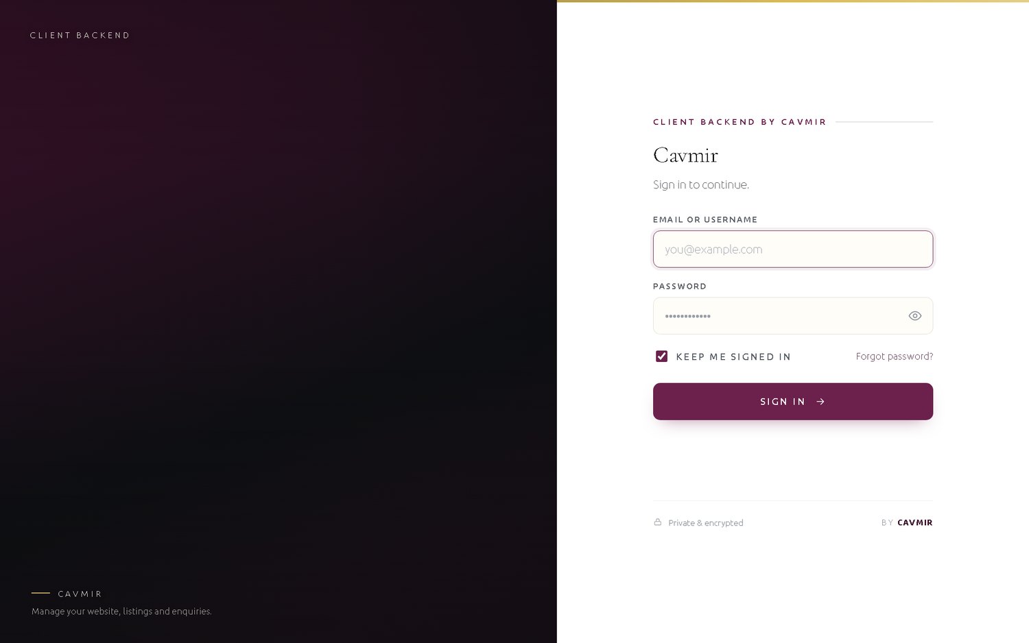 Client Backend by Cavmir — the branded private admin built for Art de Vivre
