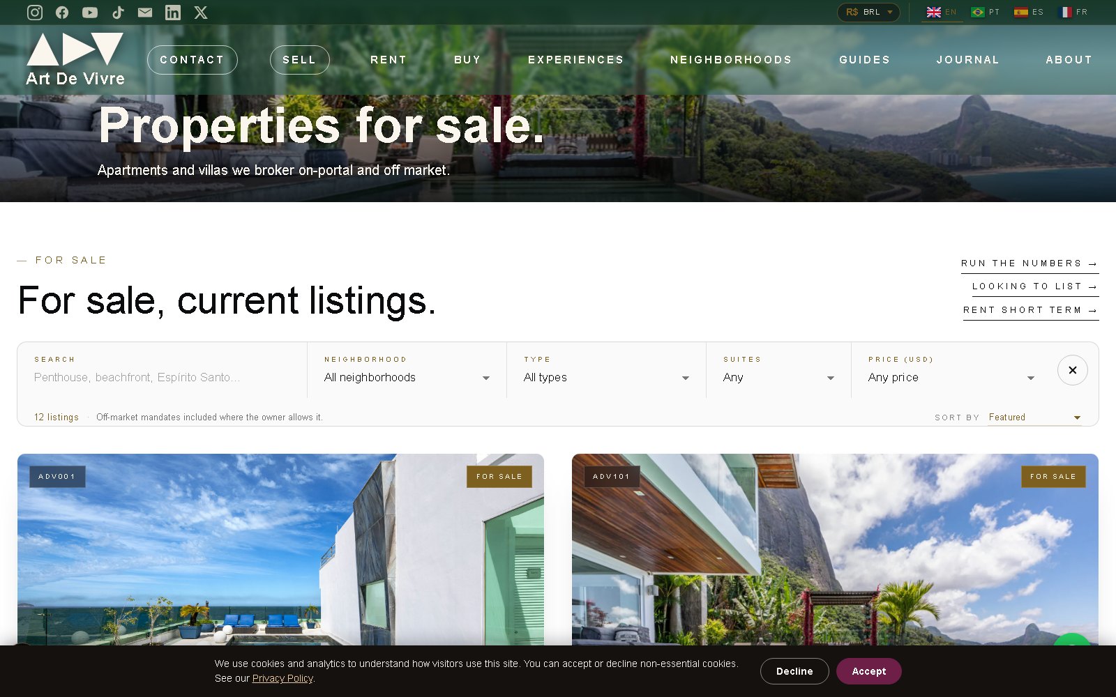 Art de Vivre for-sale catalog with search filters and off-market mandates