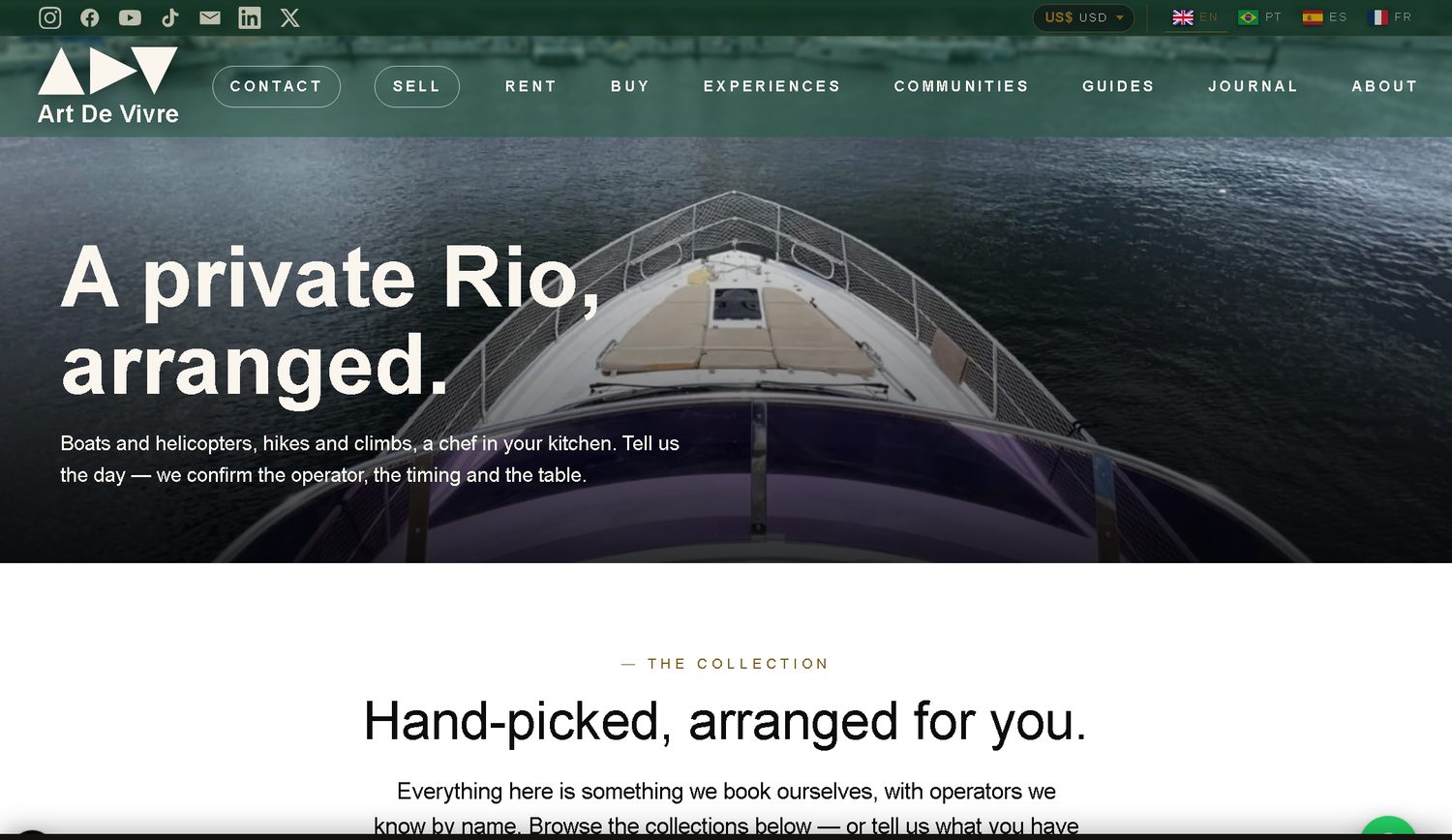 Art de Vivre experiences — boats, helicopters, hikes and a private chef, booked on site