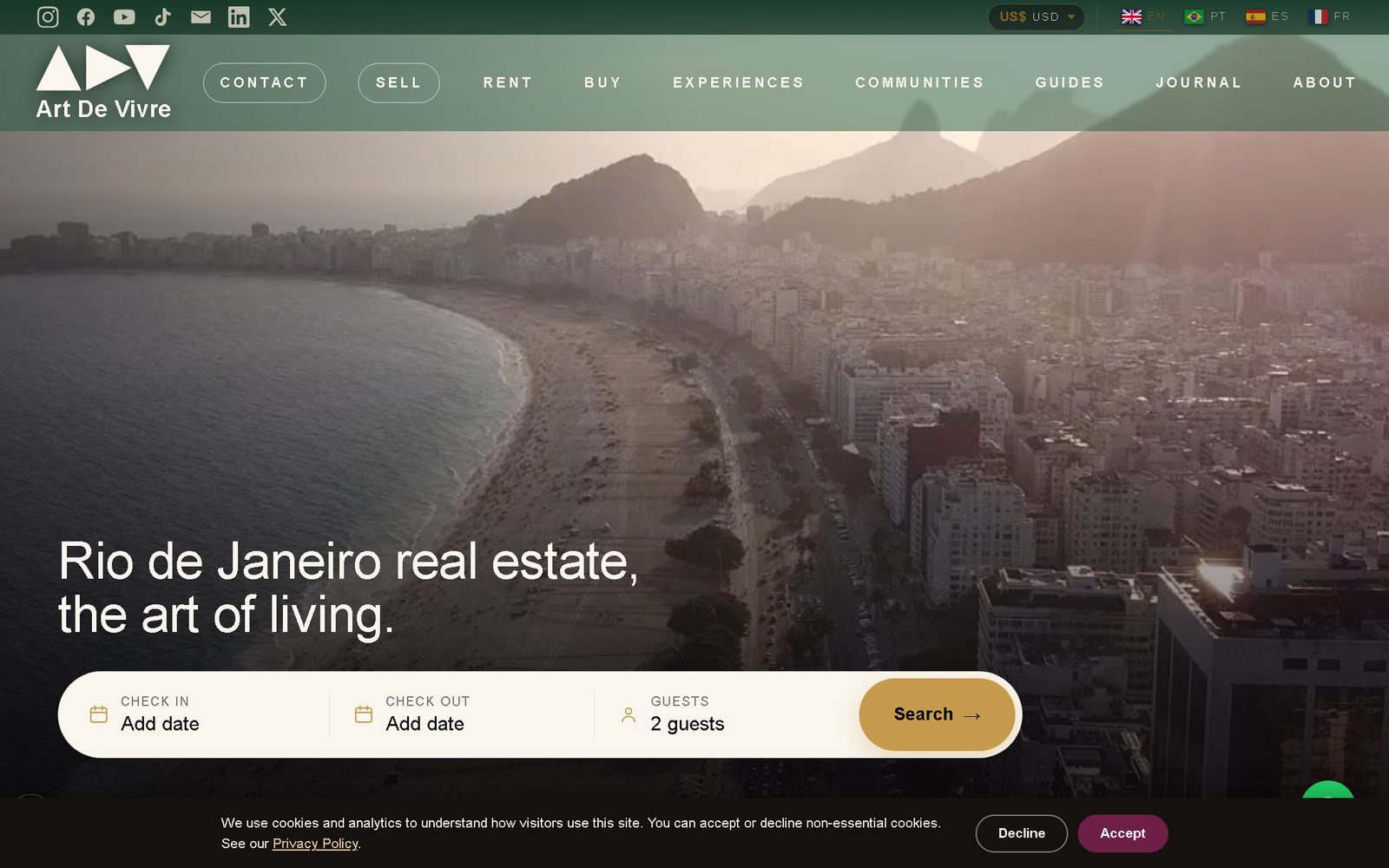 Art de Vivre homepage — cinematic Rio hero with booking search and language switcher