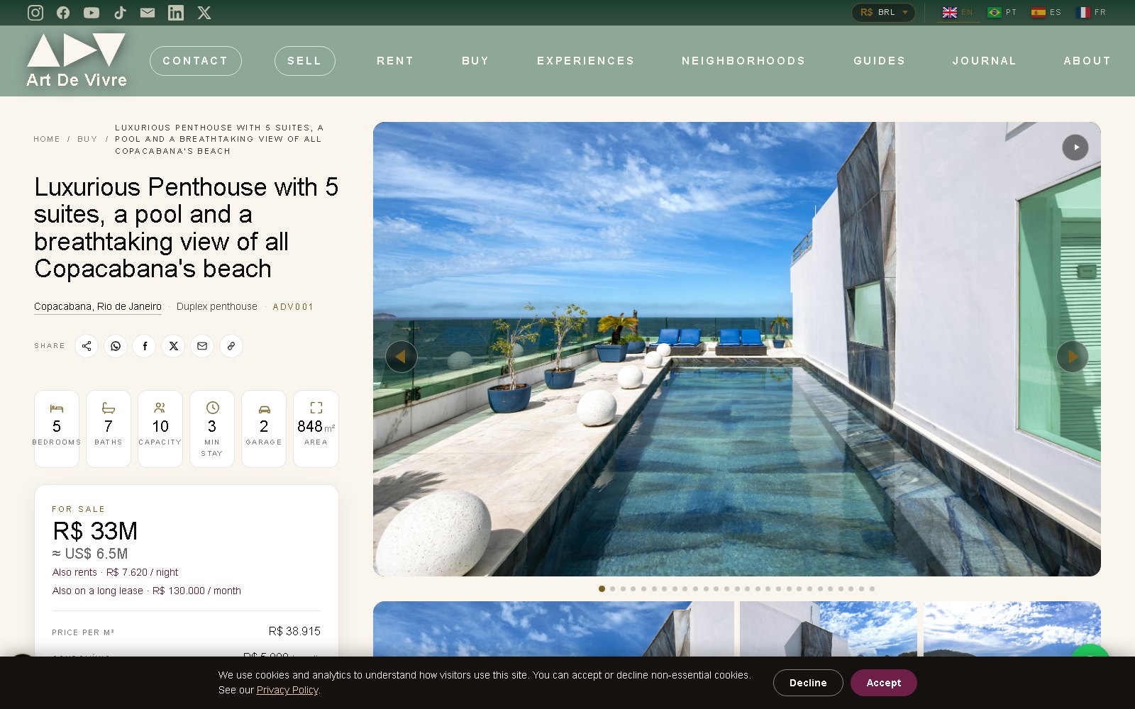 An Art de Vivre property page — sale, lease, and short-stay pricing on one page