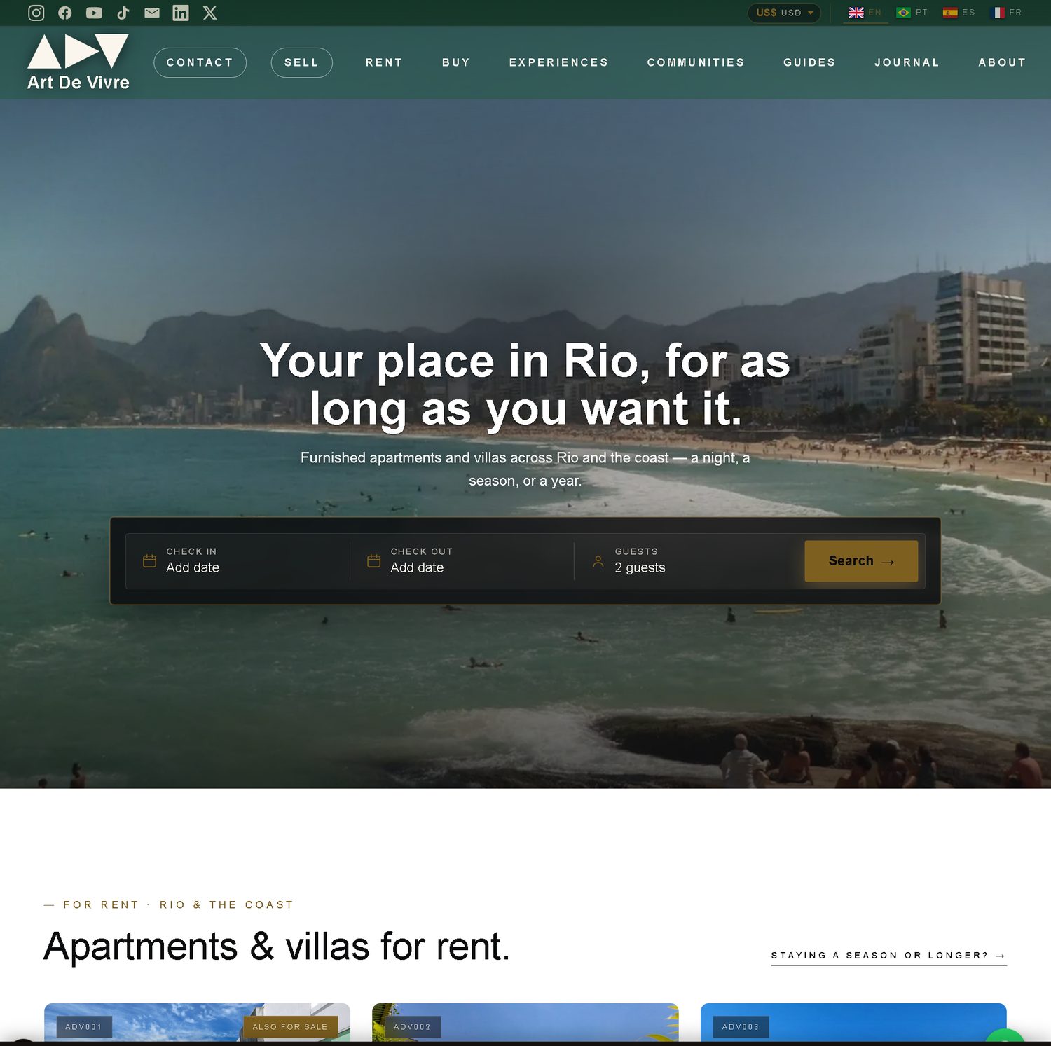 Art de Vivre rentals page showing the Ipanema coastline hero, a booking search bar, and a grid of furnished apartment and villa listings labelled ADV001, ADV002 and ADV003.