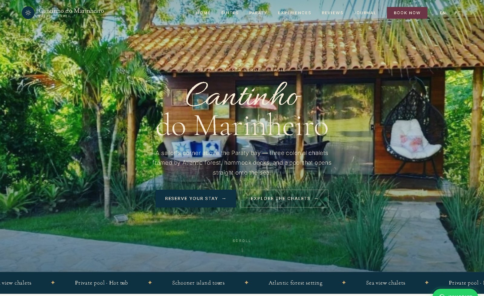 Cantinho do Marinheiro website — three colonial chalets above the Paraty bay