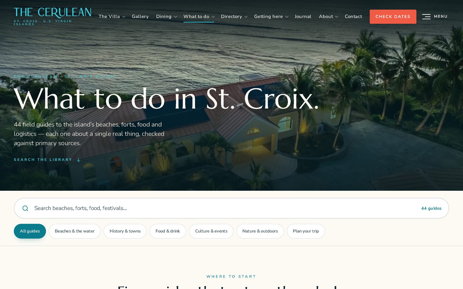 The Cerulean St. Croix guide library — dozens of fact-checked island guides