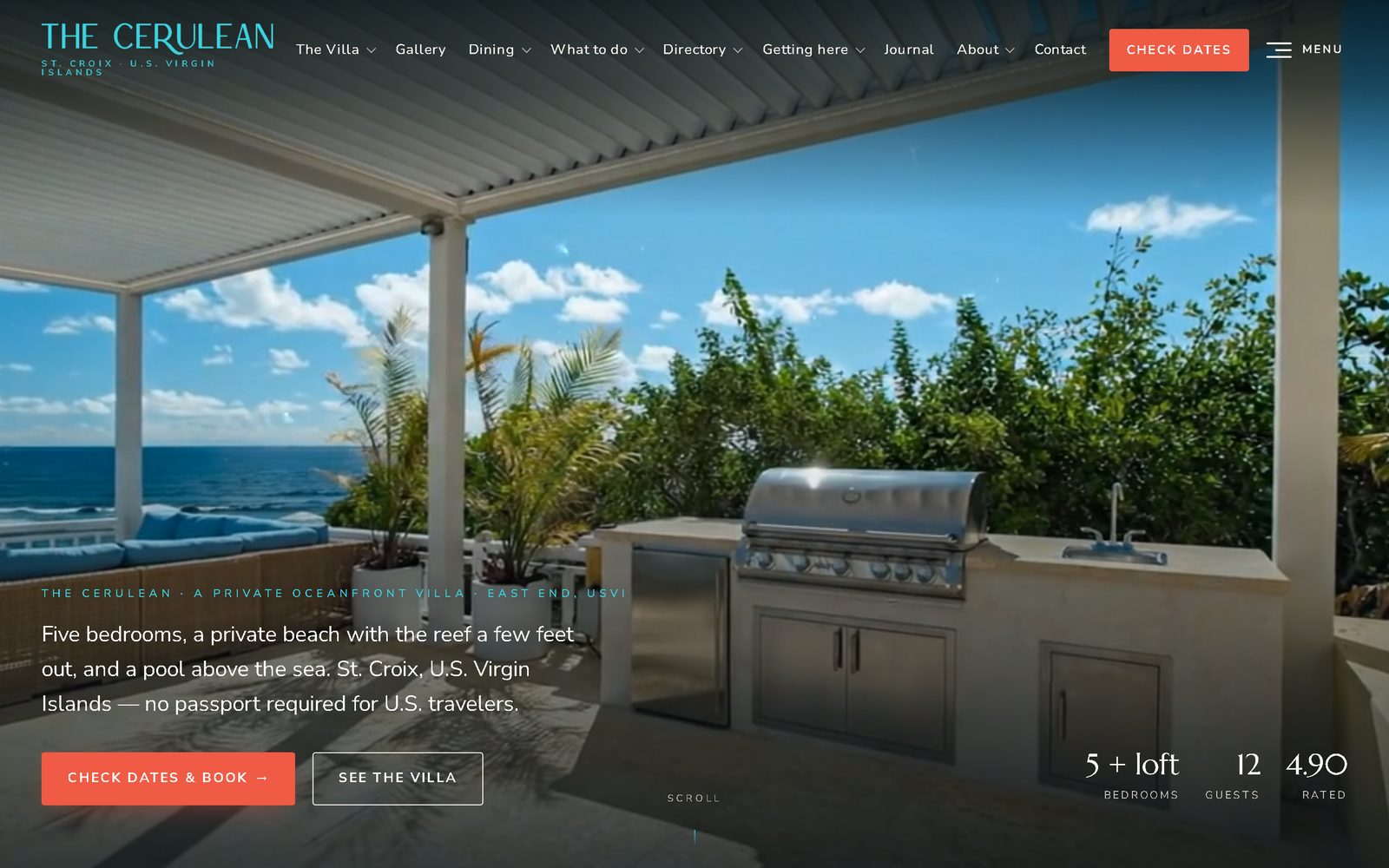 The Cerulean homepage — a five-bedroom oceanfront villa on St. Croix, book-direct hero