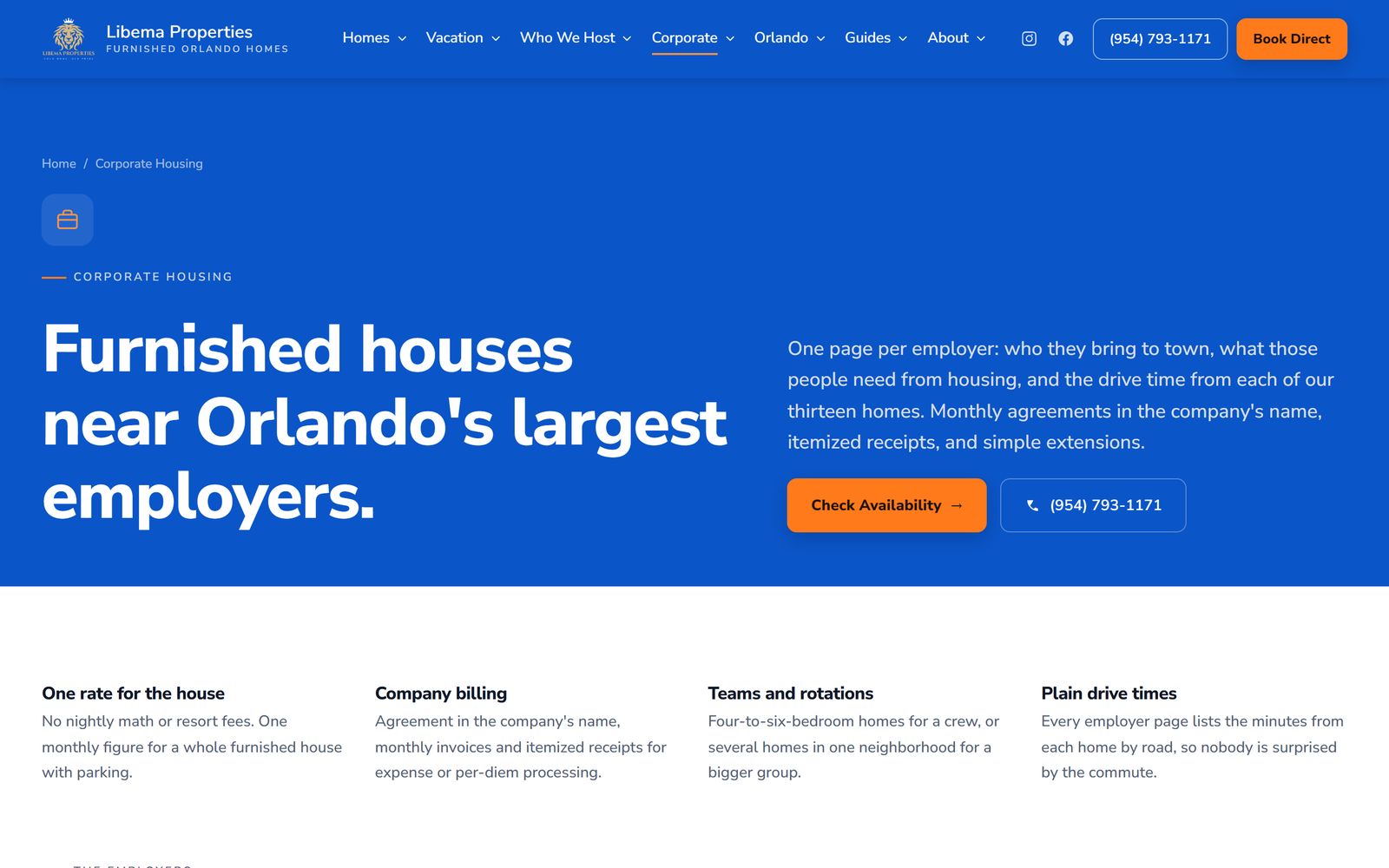 The corporate housing hub and the AdventHealth employer page on libemapropertyrentals.com