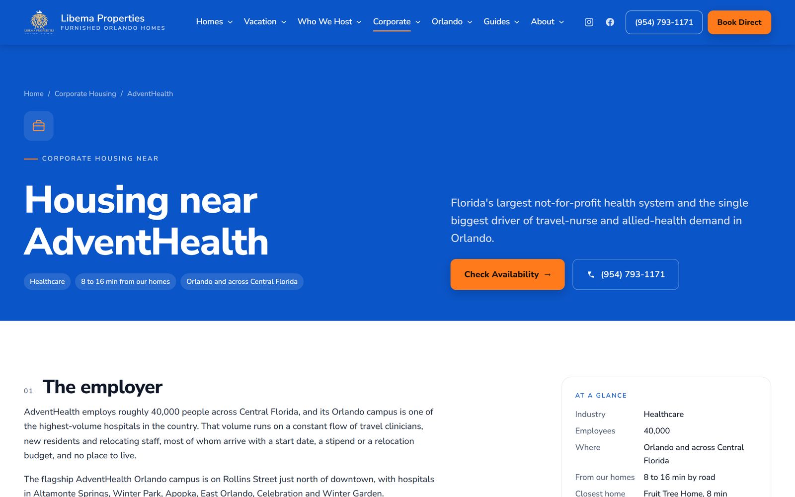 The corporate housing hub and the AdventHealth employer page on libemapropertyrentals.com
