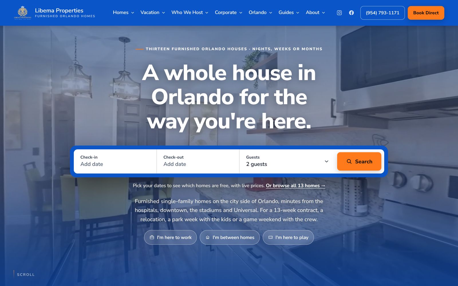 The Libema Properties homepage: a date search in the middle of the first screen, with I’m here to work, I’m between homes and I’m here to play underneath