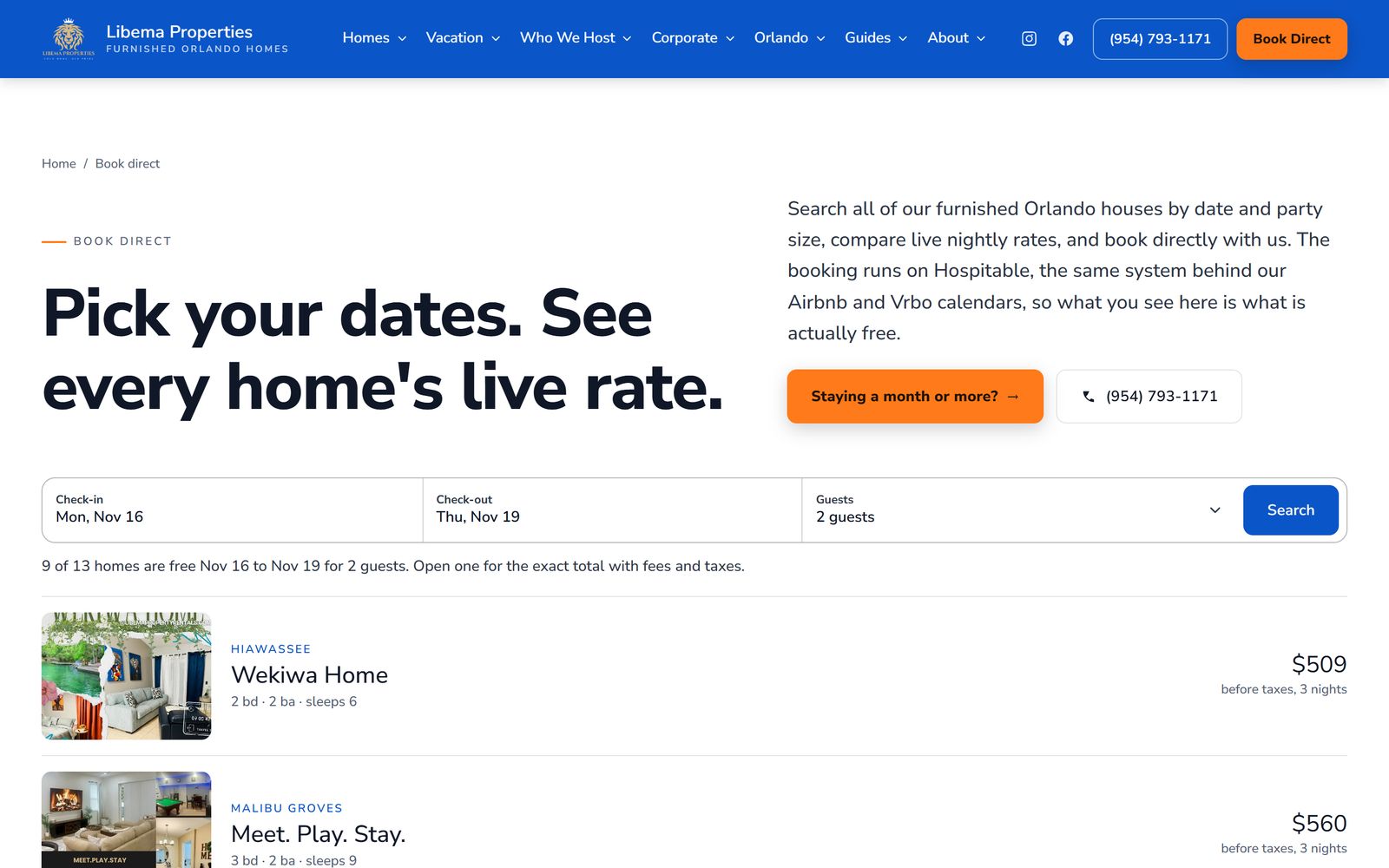 Search results on libemapropertyrentals.com: nine of thirteen homes free for the chosen dates, each with its rate for those nights