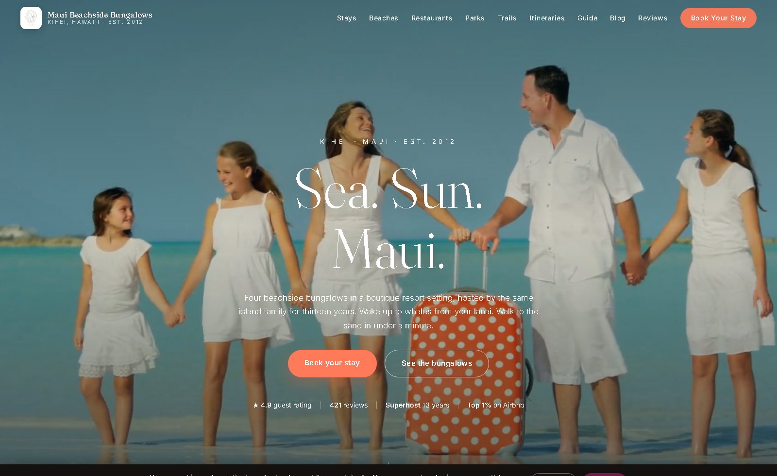 Maui Beachside Bungalows website — Sea. Sun. Maui. book-direct homepage in Kihei