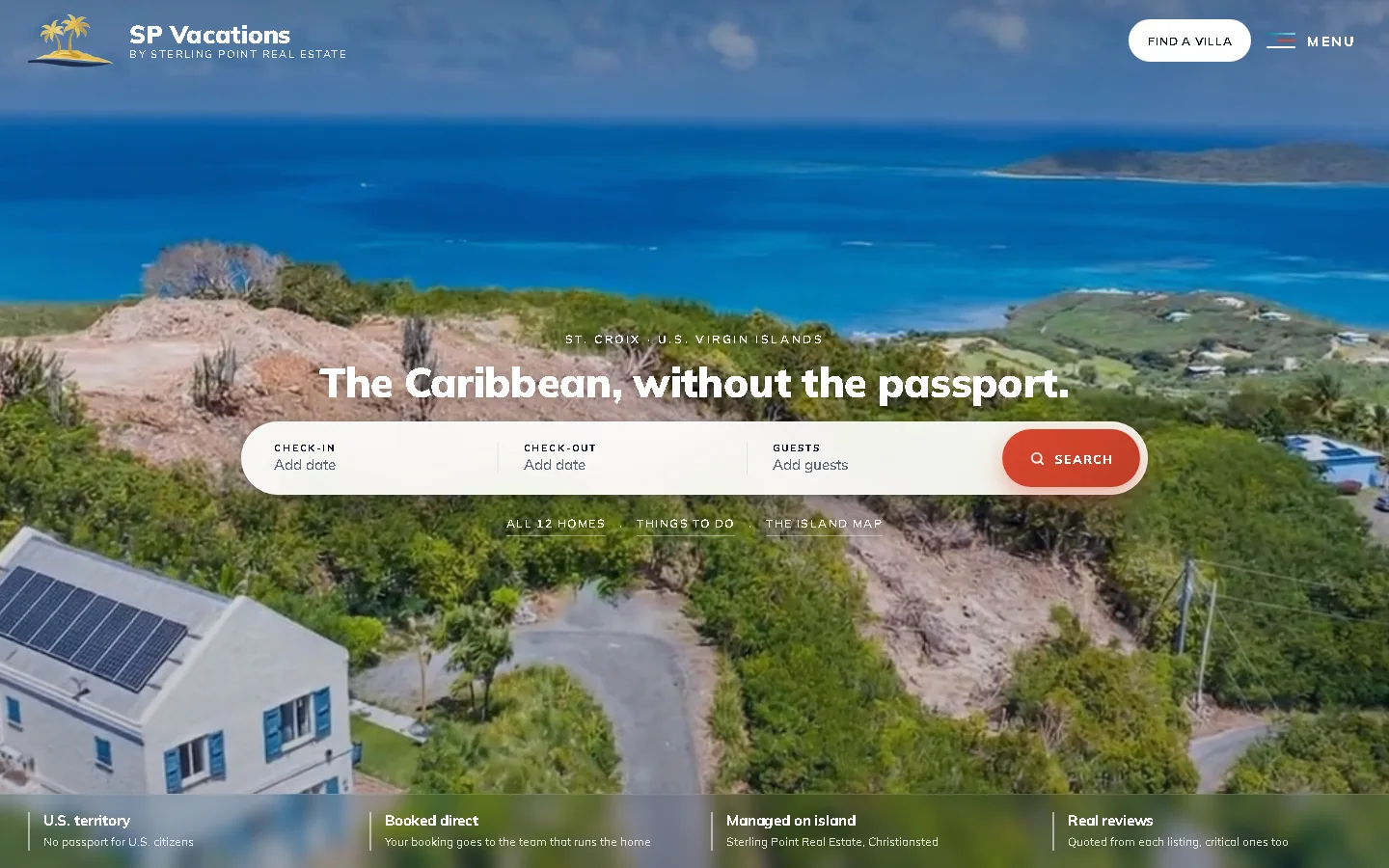 SP Vacations homepage — Sterling Point Real Estate's St. Croix rental portfolio, booked direct