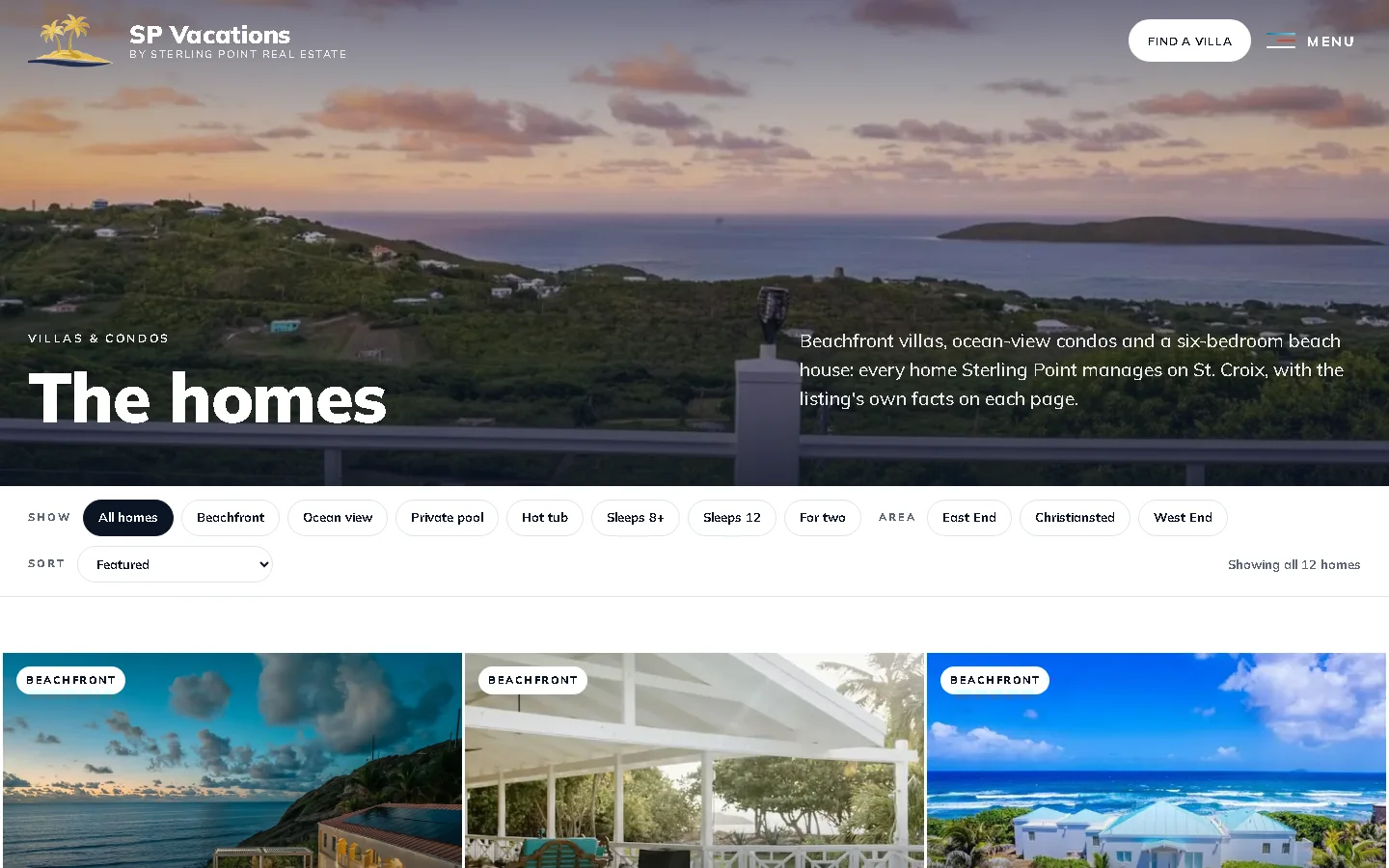 SP Vacations portfolio page — twelve St. Croix villas and condos on one domain