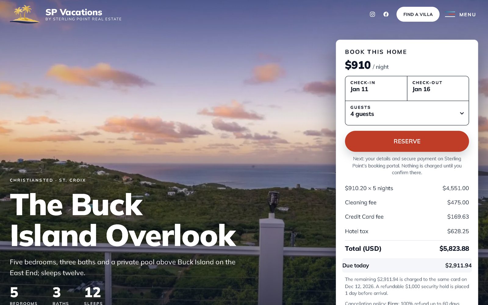 A villa page on spvacationsvi.com — the reserve box quoting a five-night stay live: nightly rate, fees, hotel tax, the total and the amount due today
