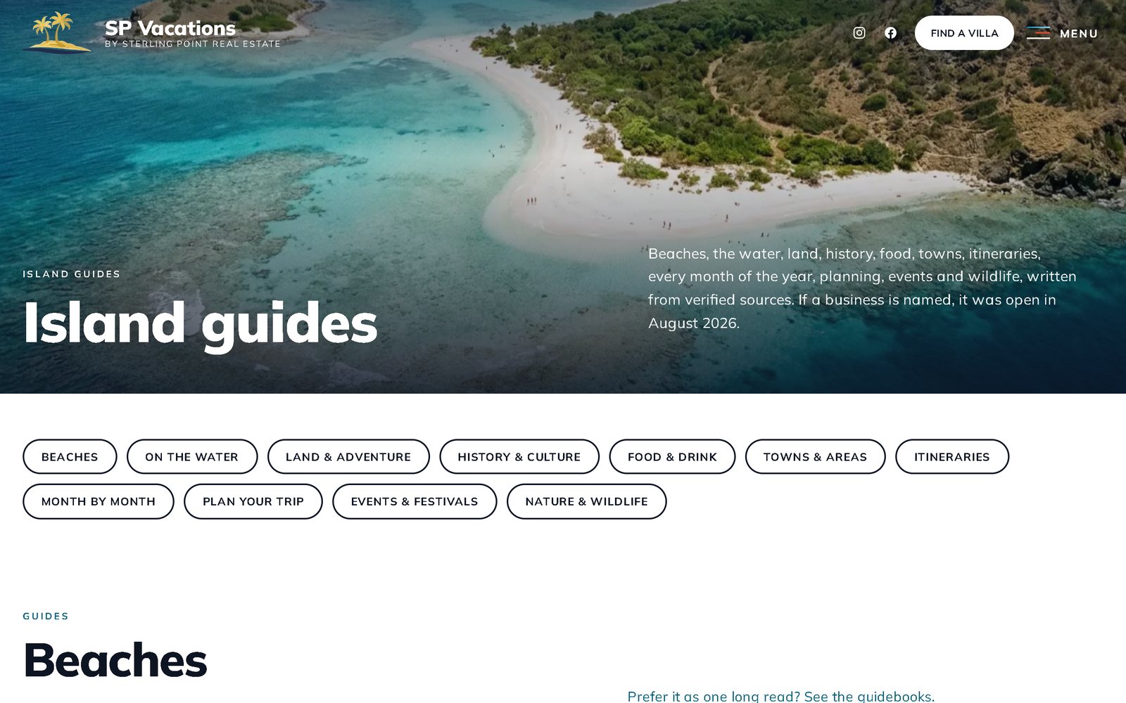 The island guides hub on spvacationsvi.com — beaches, the water, history, food, towns and month-by-month planning for St. Croix