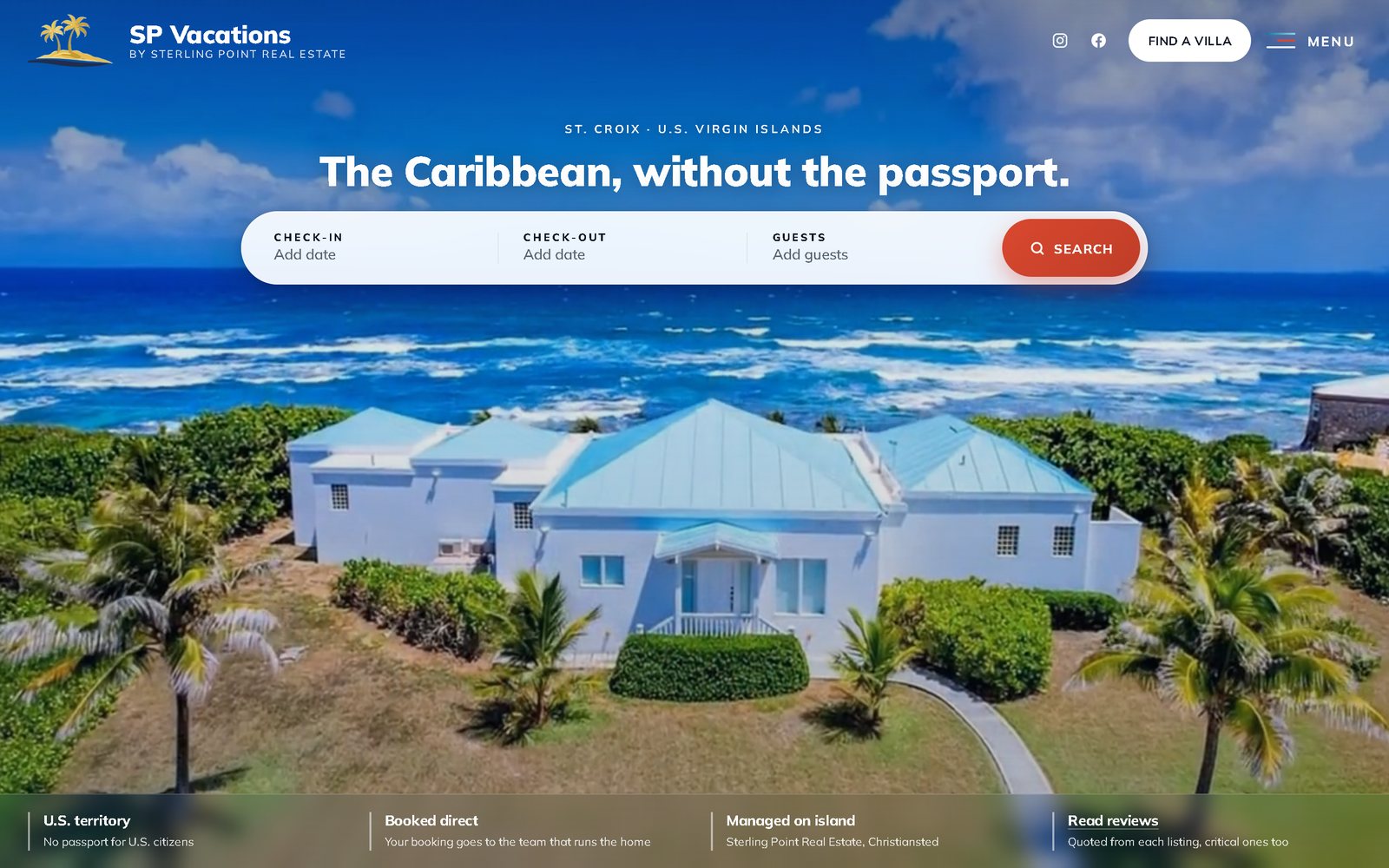 The SP Vacations homepage — a date and guest search bar over footage of one of the St. Croix villas