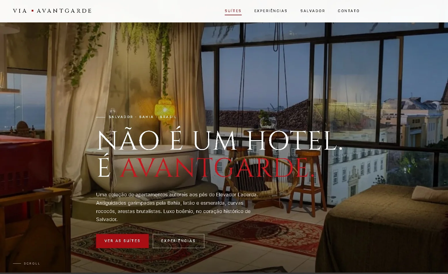 Via Avantgarde direct-booking website homepage — boutique suites in Salvador, Bahia