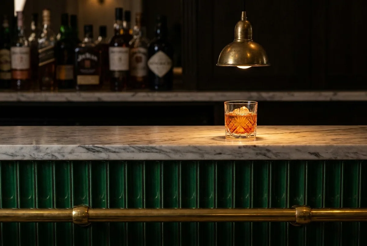 A moody boutique-hotel bar detail — a fluted emerald-tiled bar front, a brass rail, a marble top and an amber cocktail