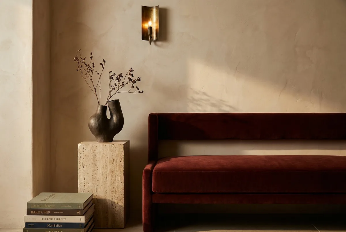 A boutique-hotel lobby vignette — an oxblood velvet bench against limewashed plaster, a travertine plinth and a brass sconce