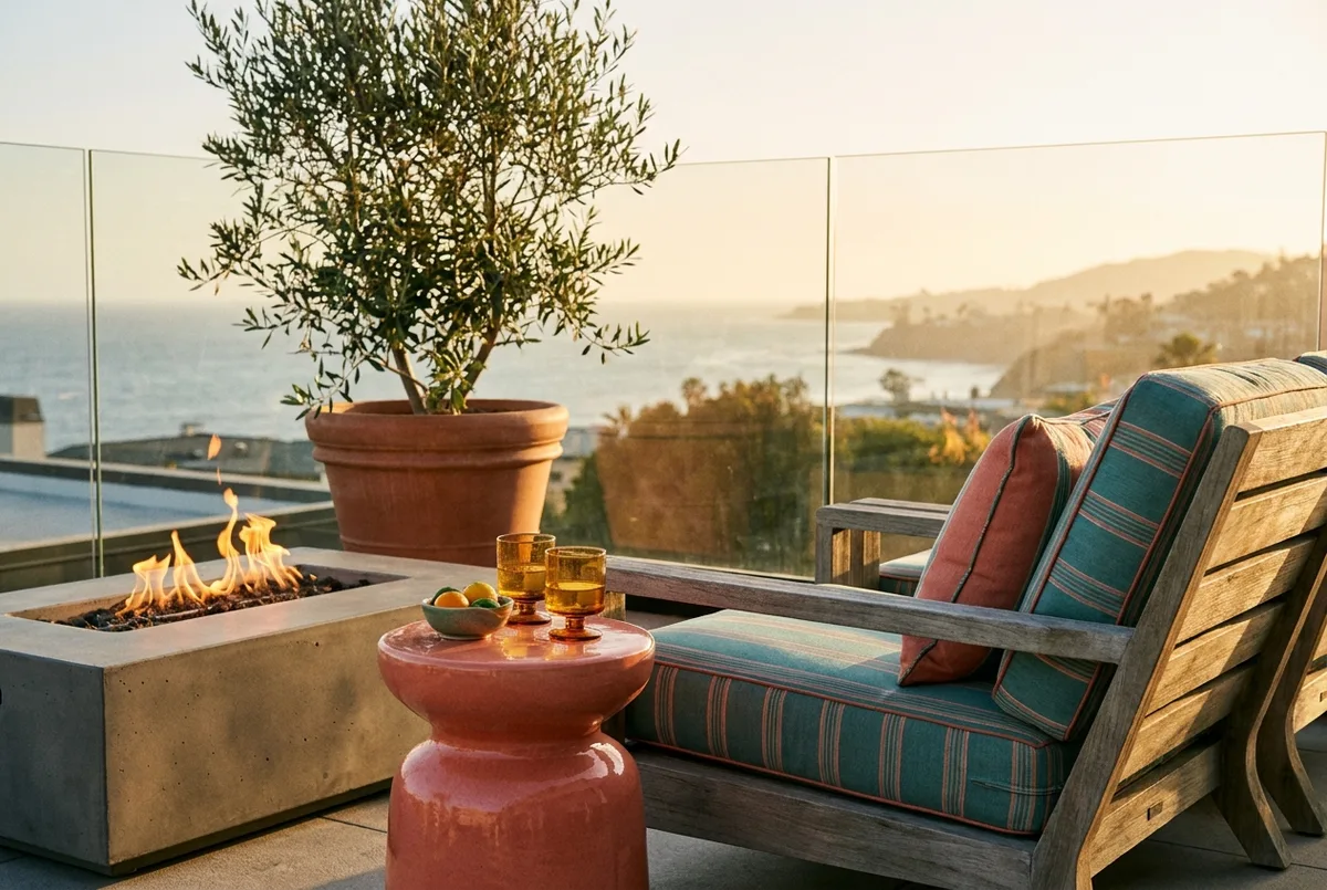 A rooftop terrace at sunset with a teak lounger, a low fire table and glasses, overlooking a hazy coastline