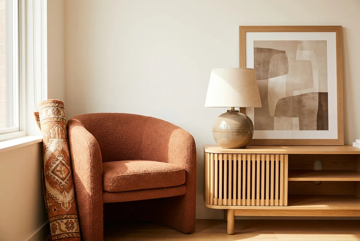 A turnkey furnished short-term rental corner styled to sell — a terracotta bouclé chair, oak media wall, framed art and a stoneware lamp