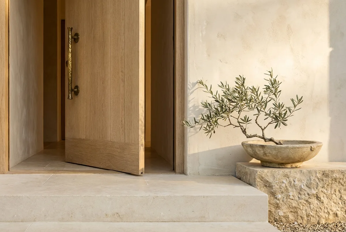 A pristine new-property entry — a pale limestone threshold, an oak pivot door ajar, an aged-brass handle and morning light on fresh plaster