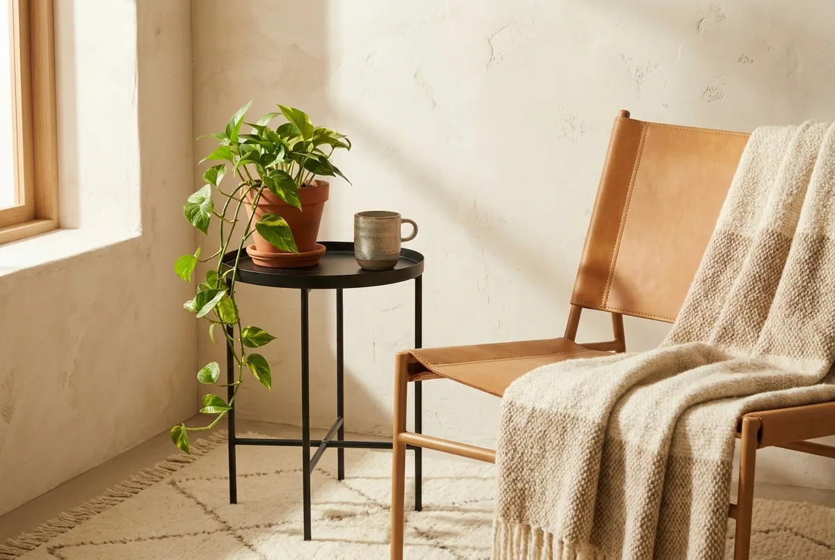 A freshly finished interior corner ready for first guests — a camel leather sling chair, a cream plaster wall and a new wool rug in warm daylight