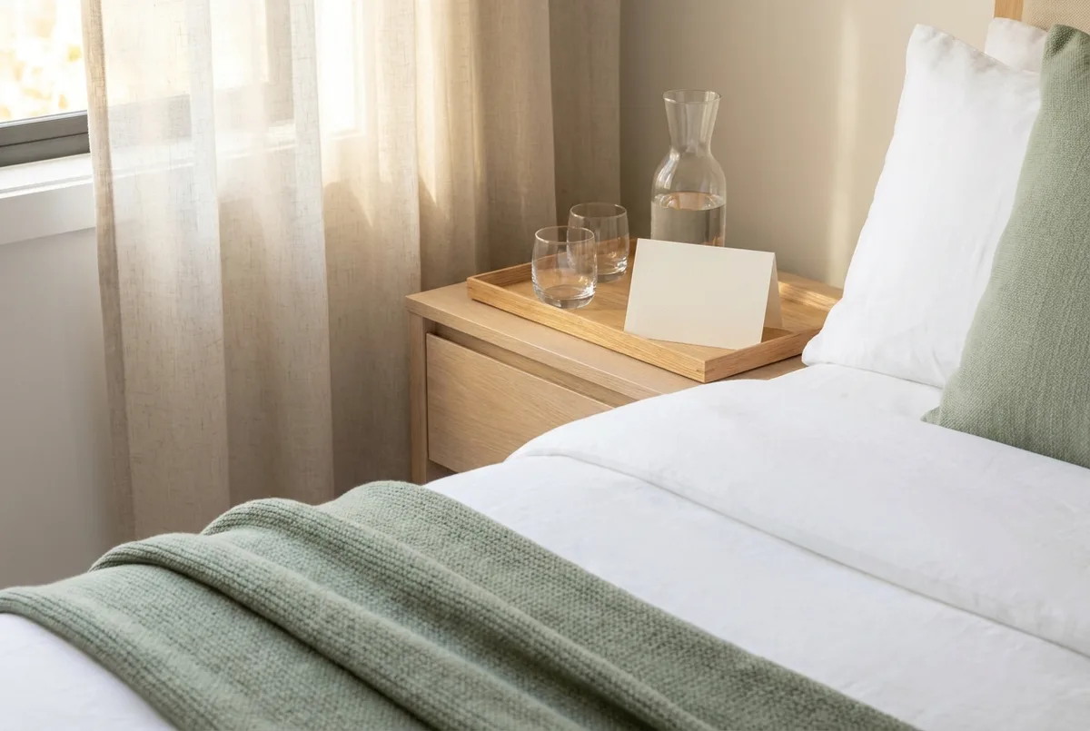 A spotless guest-ready room handoff — crisp white bedding with a sage folded throw, a tray with glasses and a carafe, sheer curtains and morning light