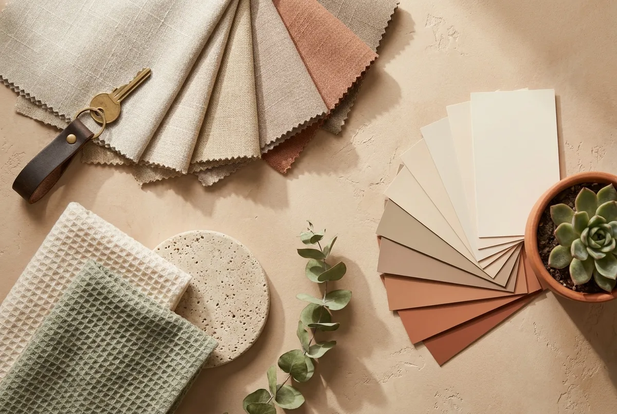 A flat-lay of hospitality details — linen swatches, a brass key on a leather fob, folded towels, a stone coaster, eucalyptus and paint chips